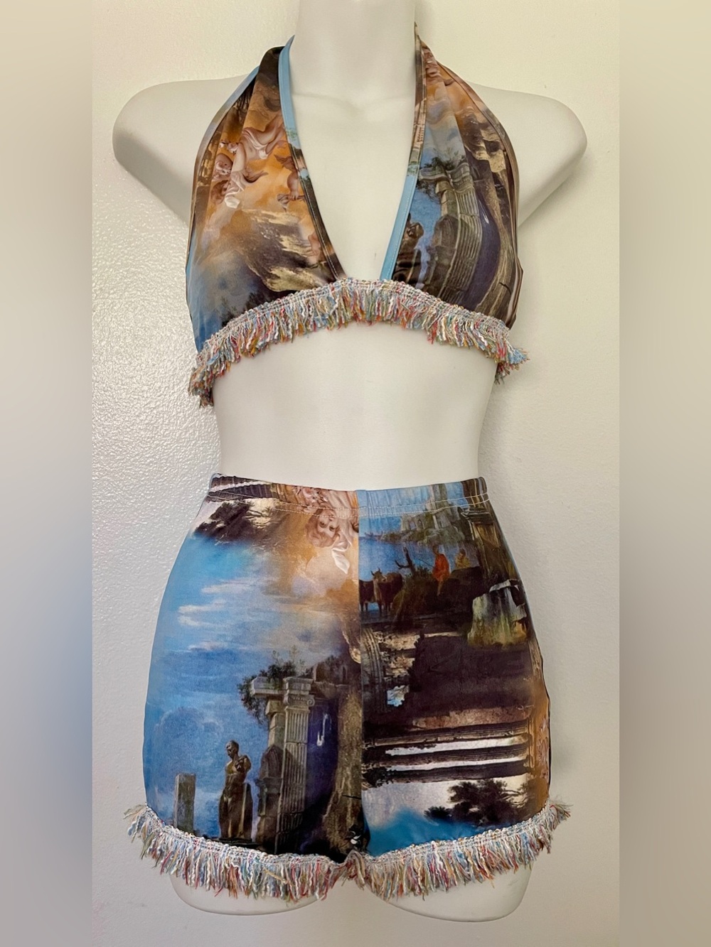 Boticelli Roman Italian Scenic Art Print Halter Top & Shorts Set Size XS